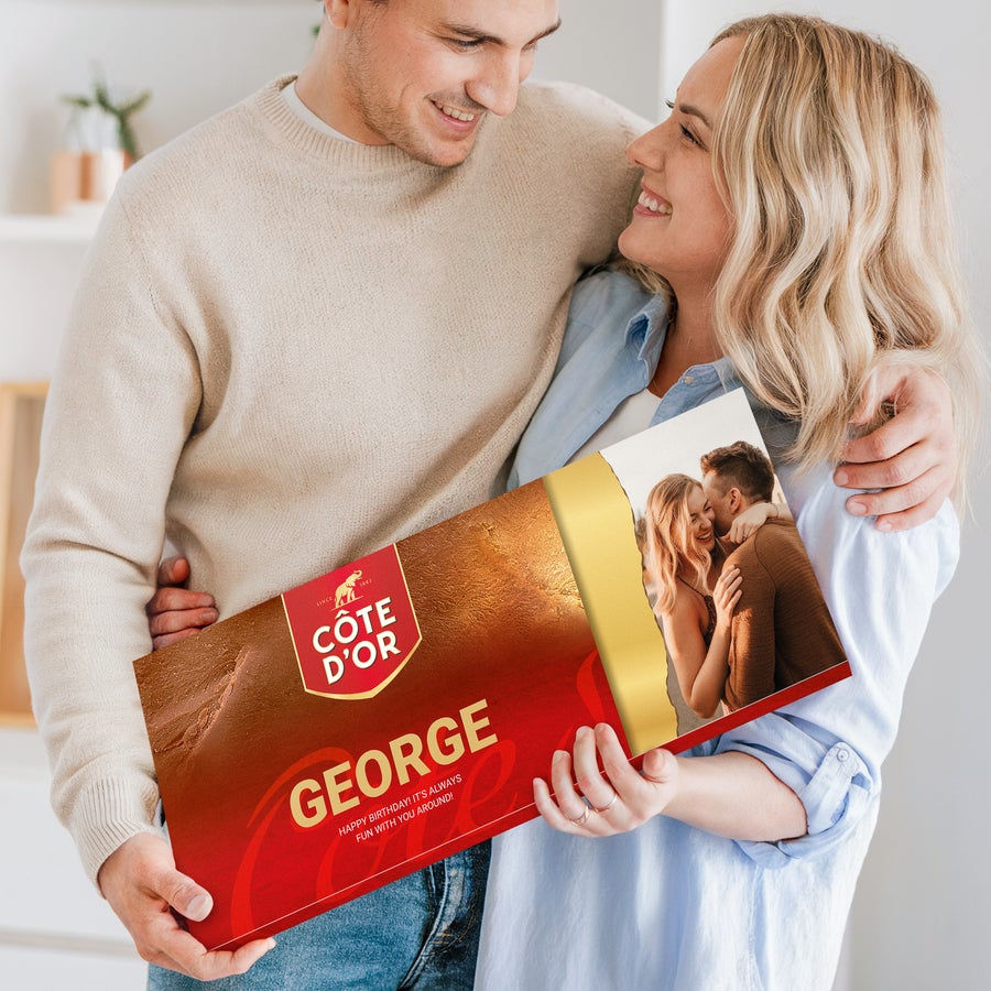Personalised XXL Cote dOr Belgian chocolate bar with custom photo and name George printed on the wrapper