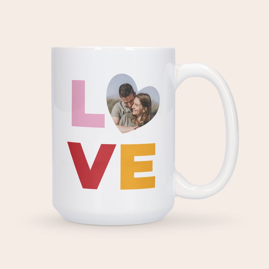 Personalised XXL mug White personalised XXL mug printed with "LOVE" where the O is a heart-shaped photo of a couple.