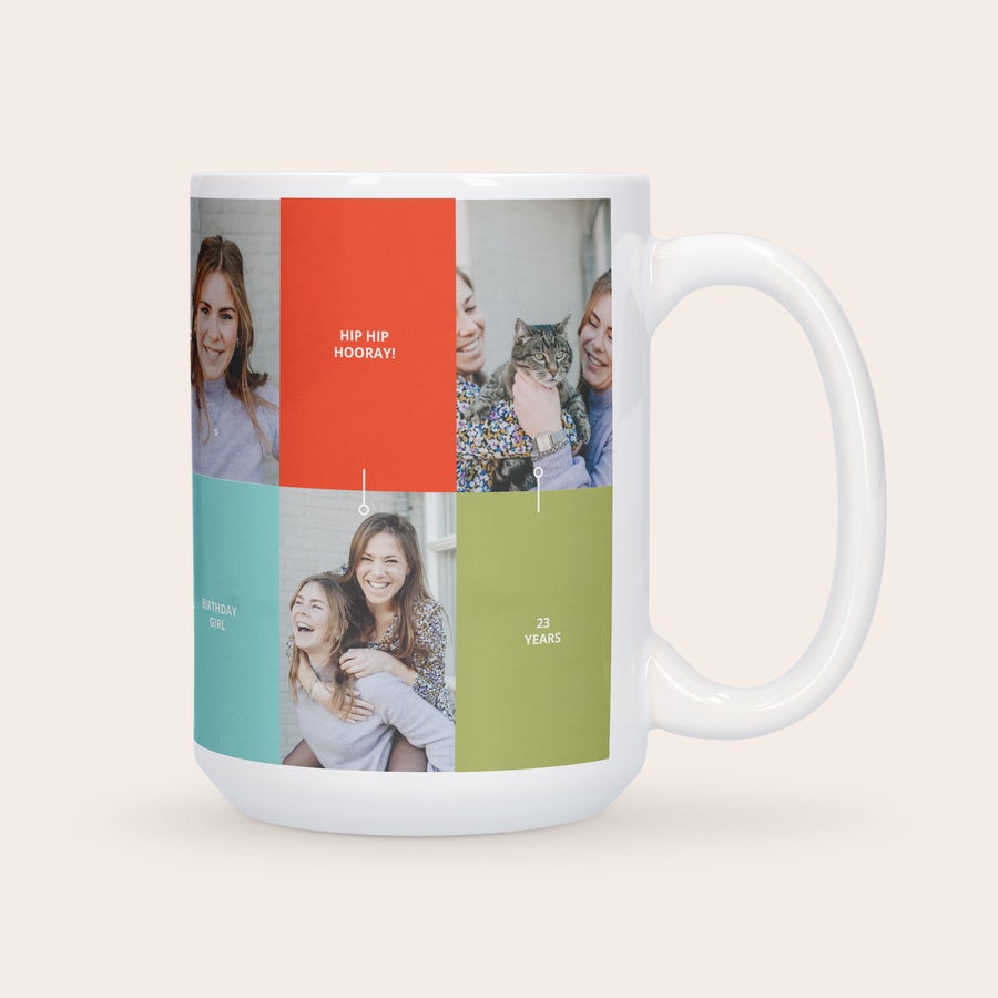 Personalised XXL Mug printed with photos of women and a cat and Hip Hip Hooray! Birthday Girl 23 Years text