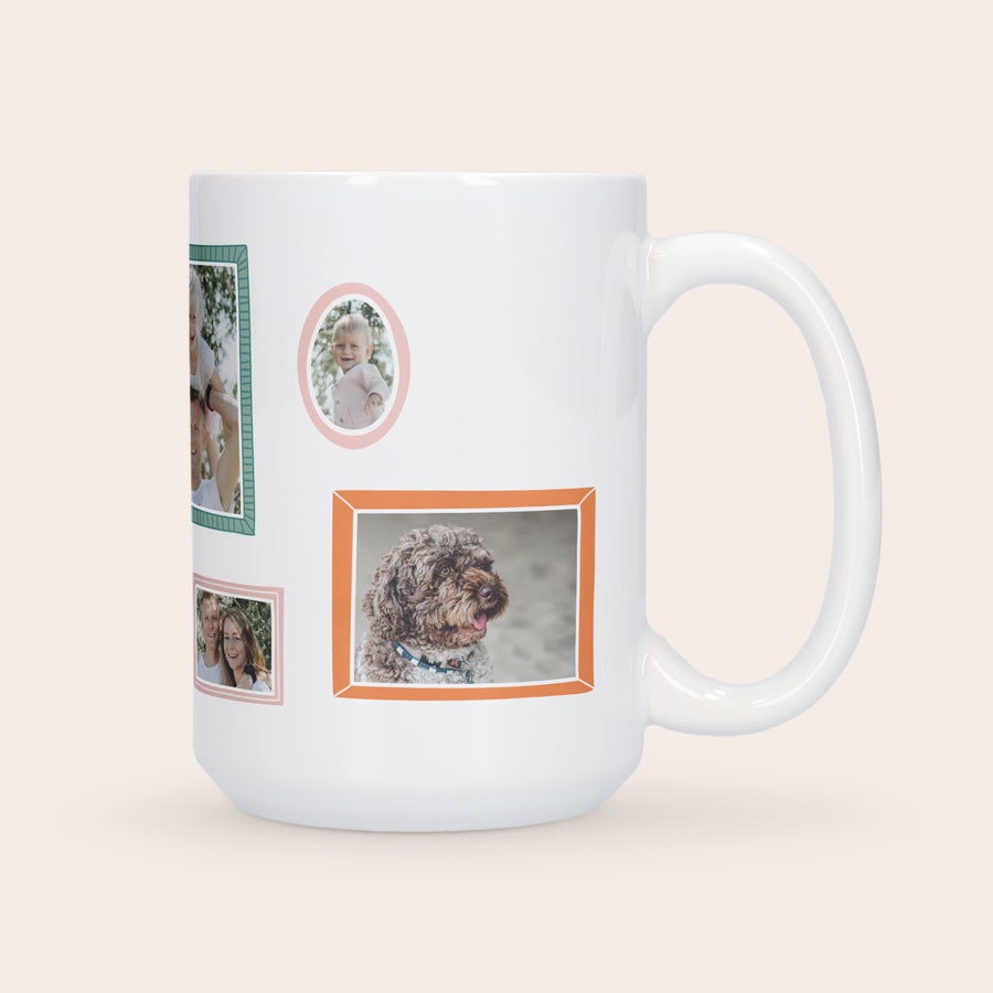 Personalised XXL mug White personalised XXL mug printed with photo collages of a family and a dog