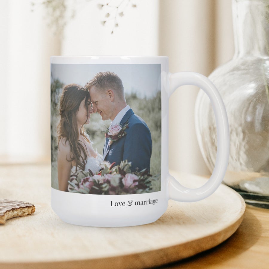 Personalised XXL mug printed with a wedding photo of a couple and "Love & marriage" text