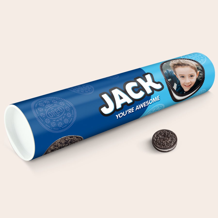 Personalised XXL Oreo Gift Tube Personalized Mega Oreo Gift Tube with a boy's photo, the name Jack, and "You're Awesome" printed on it.