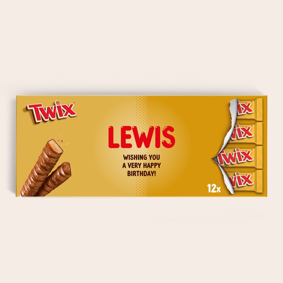 Personalised XXL Twix chocolate bar, printed with 'Lewis' and 'Wishing you a very happy birthday'