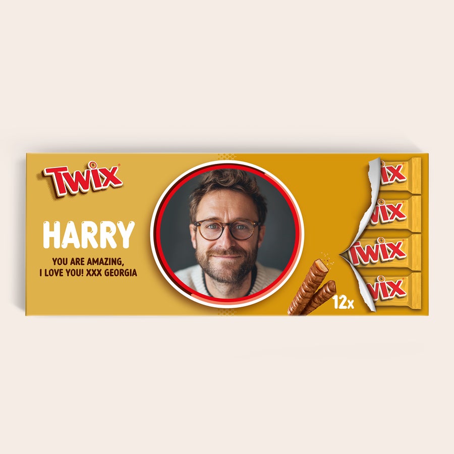 Personalised XXL Twix chocolate bar with photo and custom text Harry You Are Amazing I Love You XXX Georgia printed on the packaging