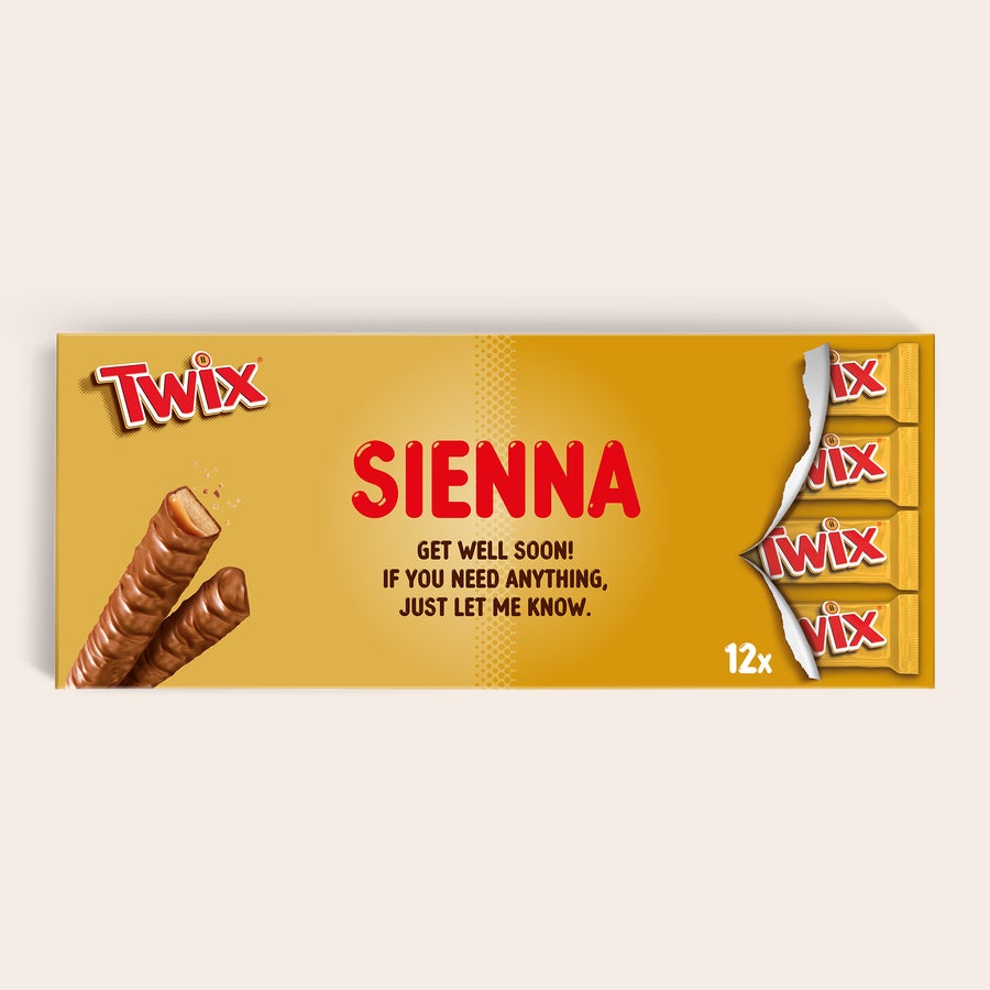 Personalised XXL Twix chocolate bar Personalised XXL Twix chocolate bar with name Sienna and Get Well Soon message printed on a golden wrapper