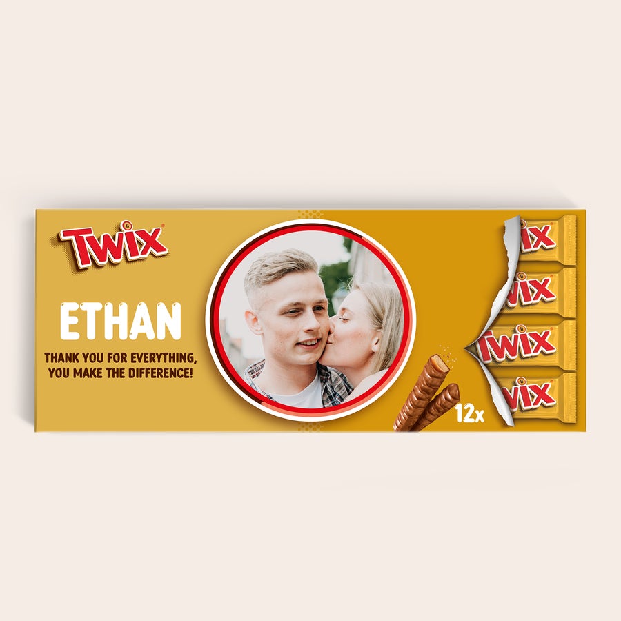 Personalised XXL Twix chocolate bar, printed with Ethan's name, a custom photo of a couple, and a thank you message