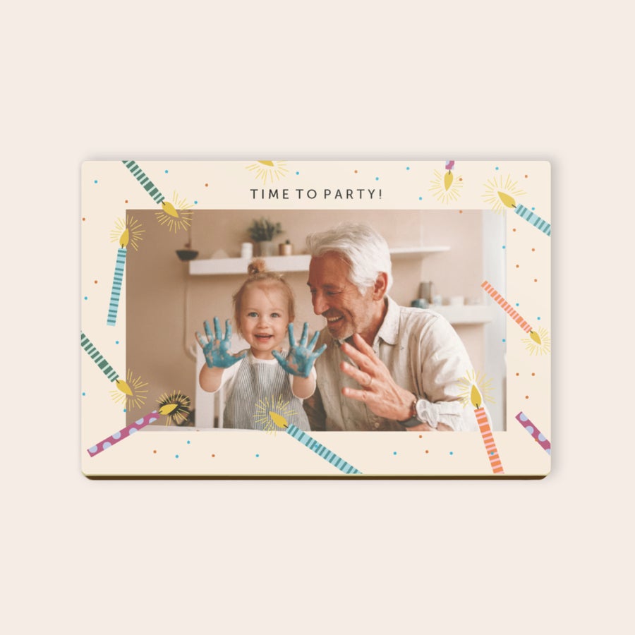 Photo on Chocolate Card Chocolate card with a personalized photo of a child and adult, printed with "TIME TO PARTY" and colorful confetti and candles for a delicious surprise.