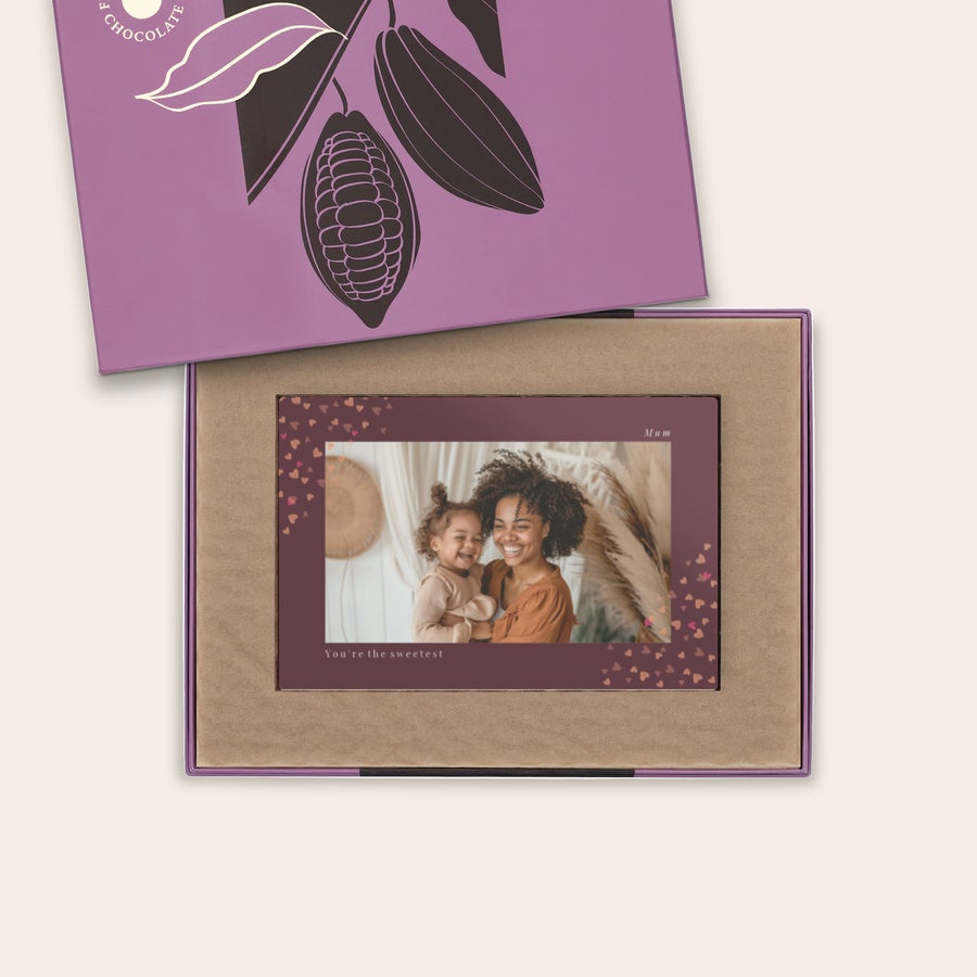Chocolate card with a photo of a mother and child printed on it, text reads "Mum" and "You're the sweetest", placed in a gift box.