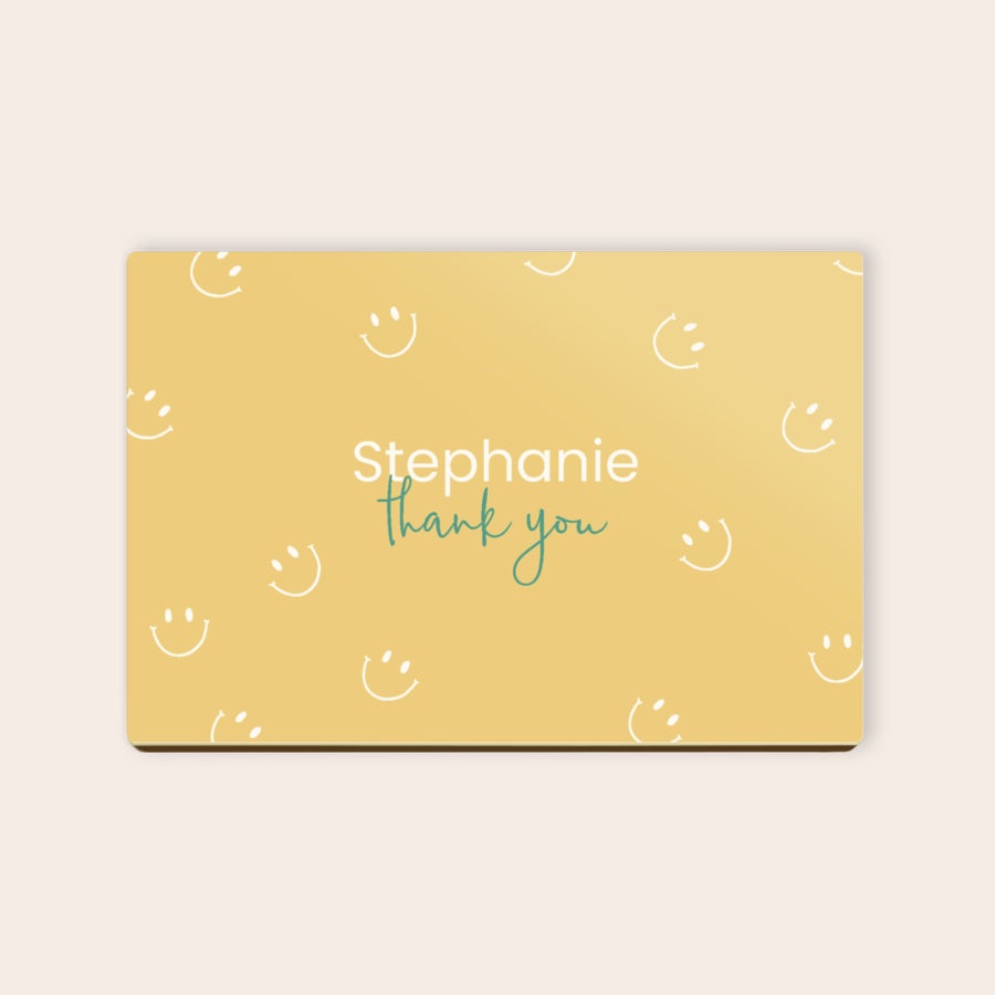 Photo on Chocolate Card Custom Callebaut photo on chocolate with a yellow smiley face pattern and personalized with the text Stephanie thank you