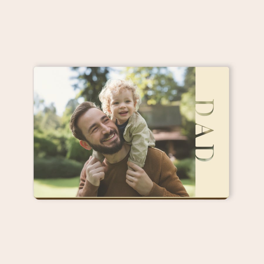 Photo on Chocolate Card Personalized chocolate card with a photo of a dad and child and text "DAD", a unique photo on chocolate