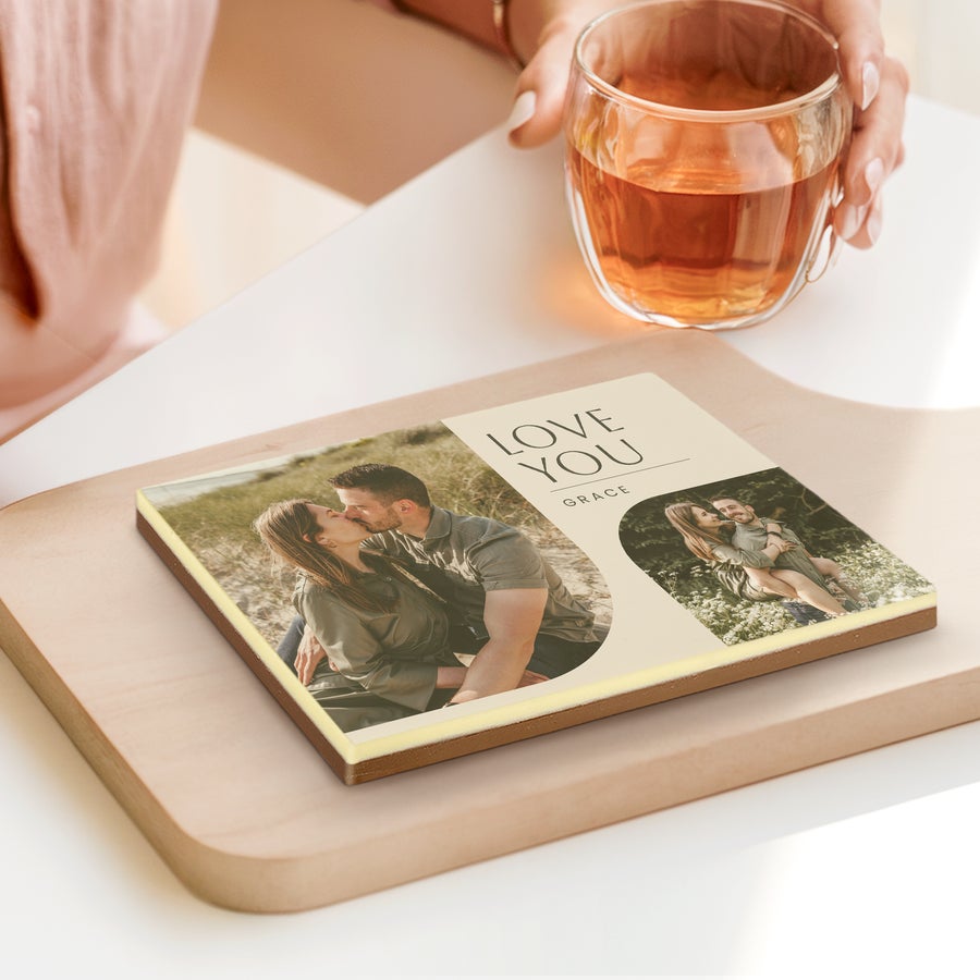 Photo on Chocolate Card Chocolate photo card printed with two personalized couple photos and "LOVE YOU GRACE" text