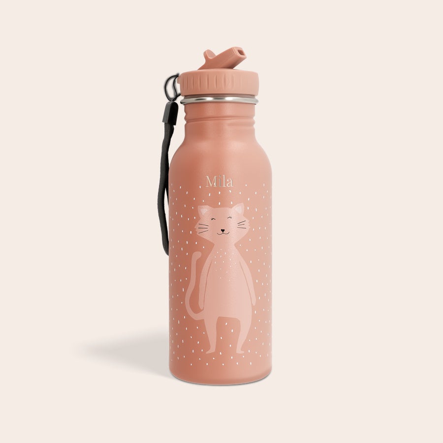 Personalized Trixie animal water bottle, peach-colored with a cat design and the name Mila laser engraved