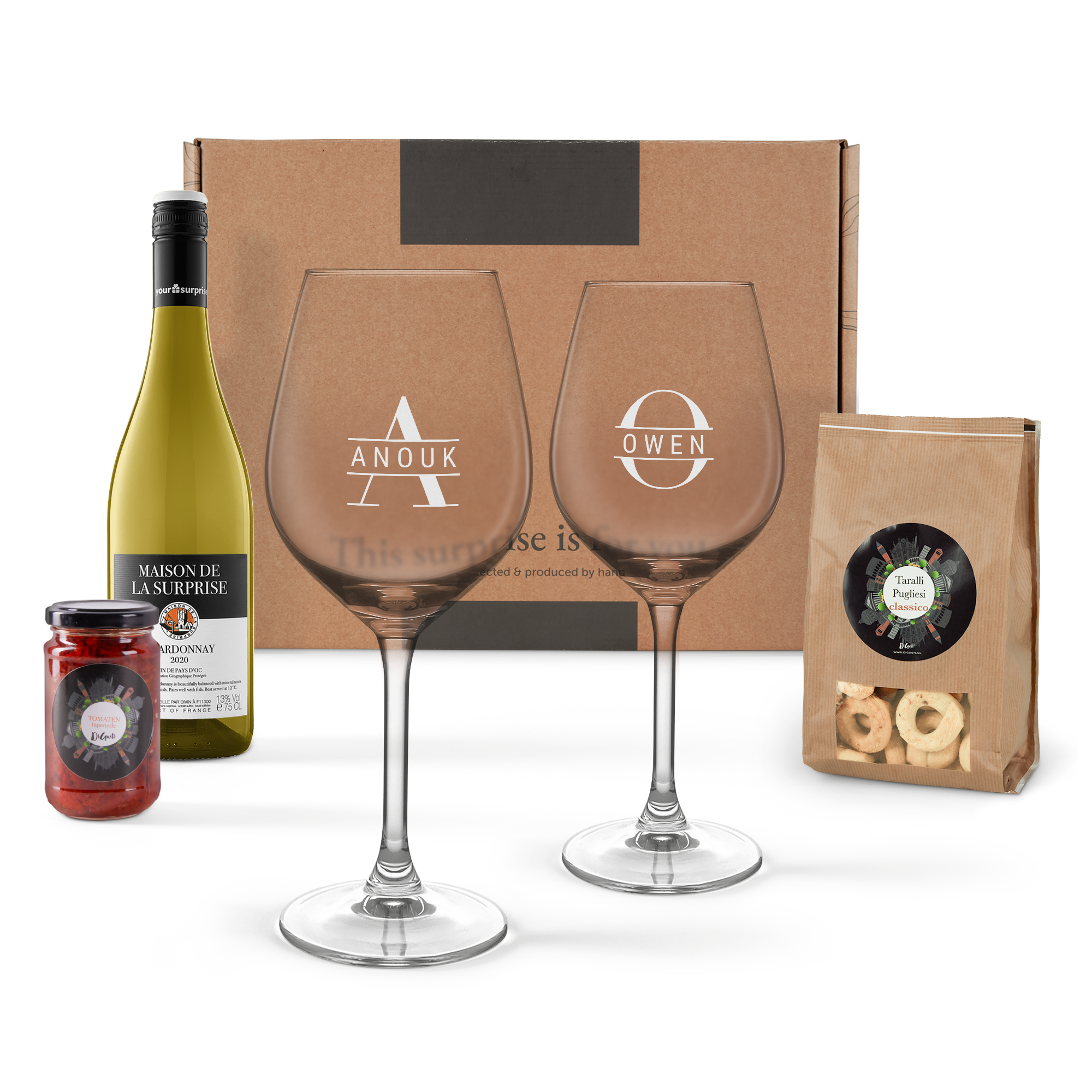 Wine & snacks gift set - White - Engraved glasses